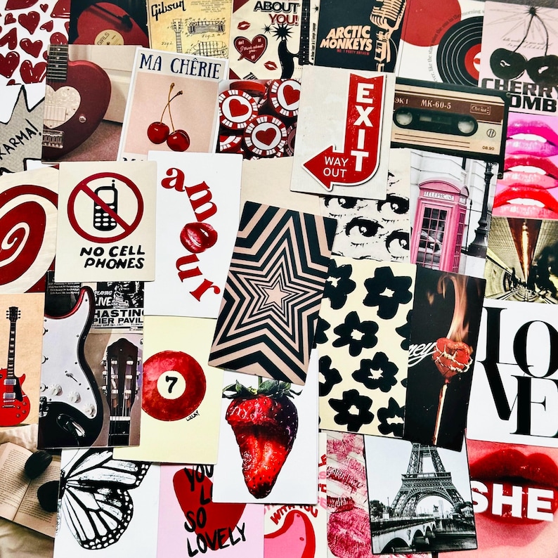 May include: A collection of rectangular stickers featuring diverse imagery including a red guitar, cherries, an exit sign, a cassette tape, a red telephone booth, a billiard ball, a strawberry, the Eiffel Tower, and various text-based designs.
