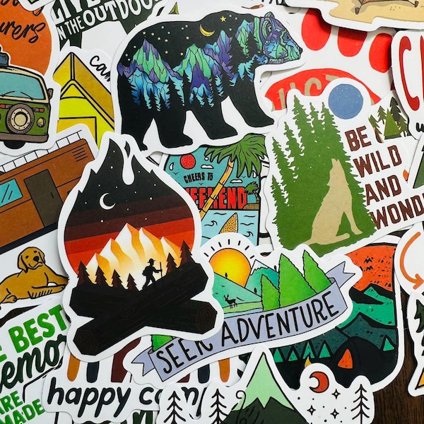 50 Outdoor Camping Hiking Stickers Pack Nature Set Lot, Decals For Laptop, Luggage, Water Bottle, Skateboard Decor Access