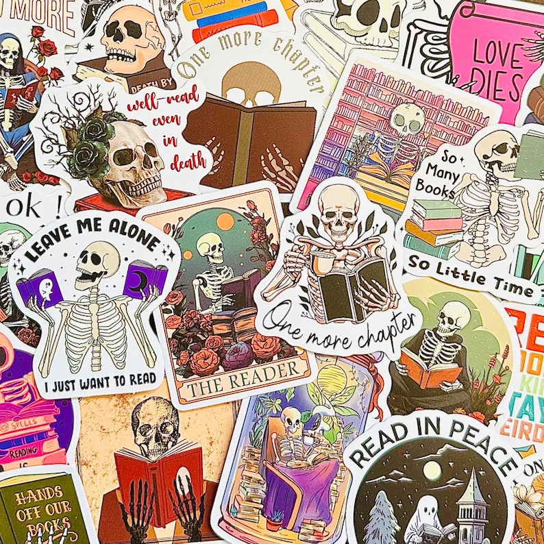 May include: A collection of colorful stickers featuring skeletons reading books. The stickers have various designs, including skeletons holding books, skeletons sitting in chairs reading, and skeletons with quotes about reading. The stickers are perfect for adding a touch of whimsy and humor to any book lover's belongings.