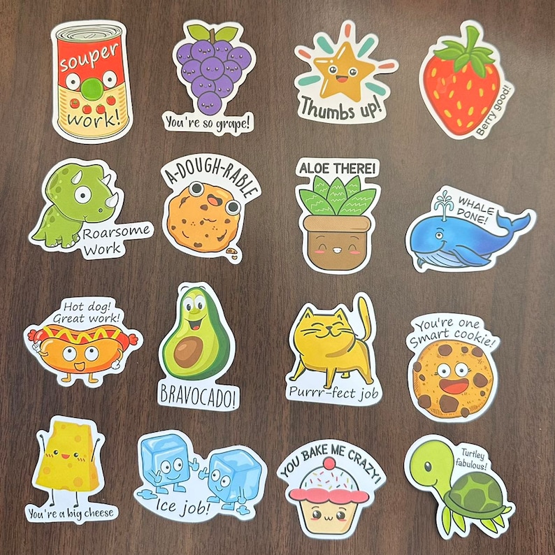 May include: A collection of sixteen colorful vinyl stickers featuring cartoon characters with puns. Designs include a soup can, grapes, star, strawberry, dinosaur, cookie, aloe plant, whale, hot dog, avocado, cat, cheese, ice cubes, cupcake, and turtle.