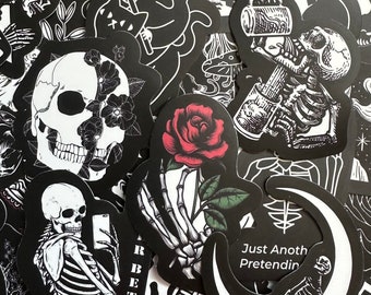 5-50pcs Black and White Goth Stickers (1) Luggage Laptop Water bottle Sticker Dark Skull Gothic Tattoo Decals