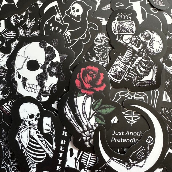 5-50pcs Black and White Goth Stickers (1) Luggage Laptop Water bottle Sticker Dark Skull Gothic Tattoo Decals