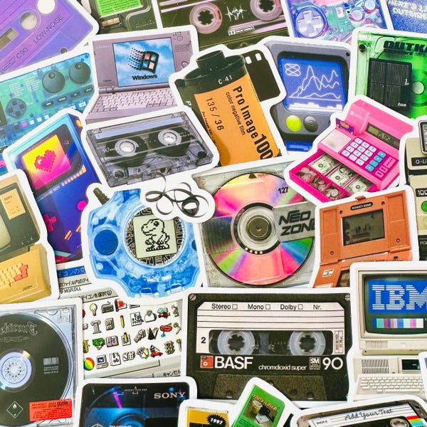 50 Retro 90er Jahre Tech Aufkleber, Retro Sticker Pack, Junk Journaling 90er Jahre Tech Kokette Aufkleber, Bullet Journal Bedarf, 90er Sticker Pack