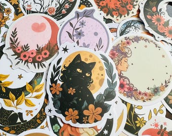50 Celestial Moon Cat Sticker Pack, Junk Journal Stickers, Cat stickers, Celestial, Journal Stickers, Scrapbooks, Planner