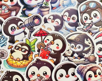50 adorables pegatinas de pingüinos, divertidas y kawaii, resistentes al agua, ideales para decorar teléfono, portátil, maleta, botella de agua o monopatín.