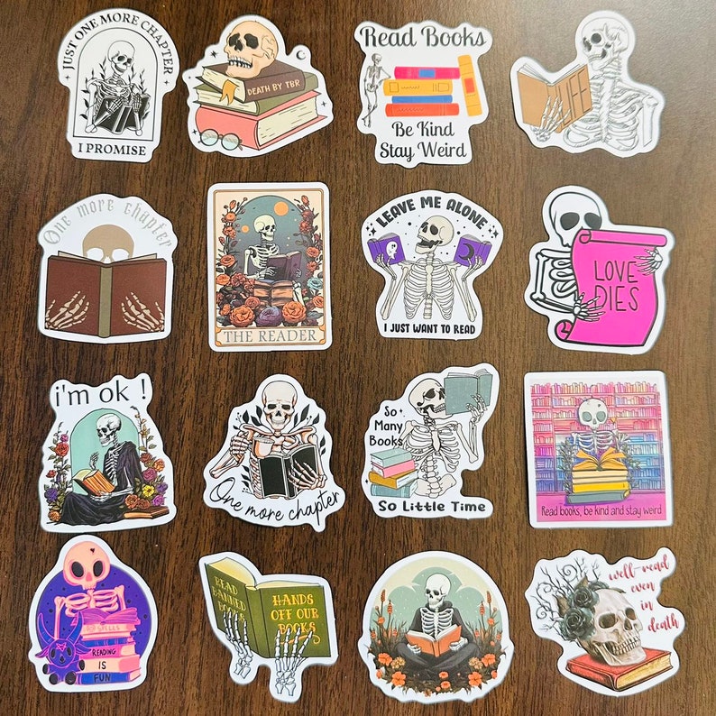Skull Bookish Sticker Pack, Kindle Book Stickers 5 Reader Themed Waterproof Book Nook Stickers, Water bottle Laptop Book Lover Gift imagem 3