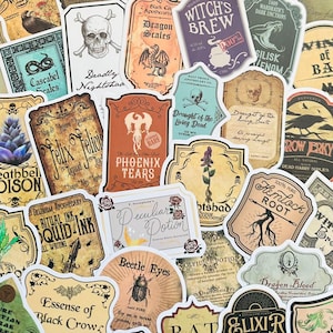 50 Potion Label Stickers (7), Mystical Witch Wizard Kindle Sticker Pack, Mystery Vinyl Sticker, Water bottle Decals