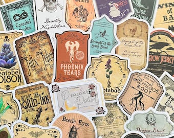 50 Potion Label Stickers (7), Mystical Witch Wizard Kindle Sticker Pack, Mystery Vinyl Sticker, Water bottle Decals