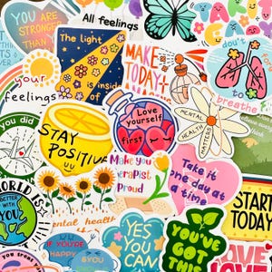 50 pegatinas de salud mental, pegatinas troqueladas de ansiedad y depresión para portátil, teléfono, monopatín y equipaje.