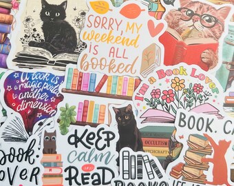 Reading Book & Cat Stickers (3) Kindle Bookish Sticker Pack, Waterproof Book Nook Stickers, Water bottle Laptop Book Lover Gift