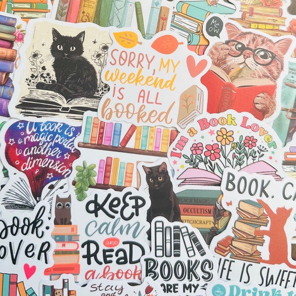 Reading Book & Cat Stickers (3) Kindle Bookish Sticker Pack, Waterproof Book Nook Stickers, Water bottle Laptop Book Lover Gift