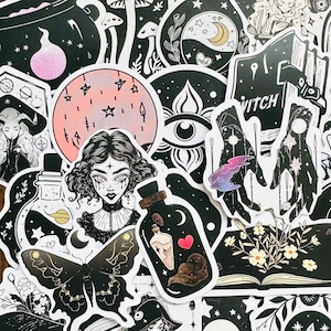 50 Magical Witch Stickers (9) Black & White Evil Eye Potion Bottle Wizard Kindle Sticker Pack Mystery Vinyl Sticker, Water bottle