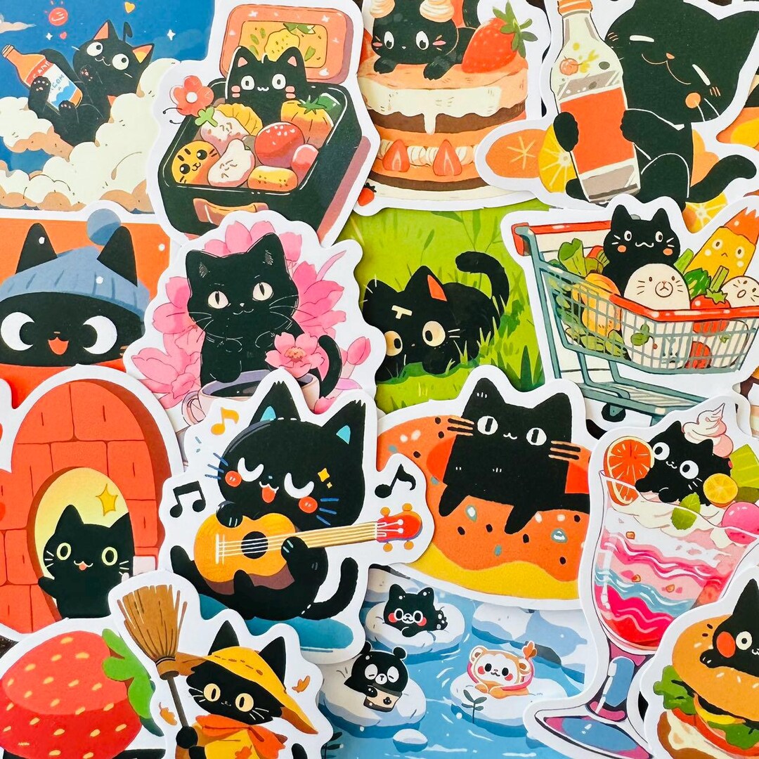 60 Cute Black Cat Stickers (4) Kawaii Funny Cat Gift Cute Sticker Pack ...