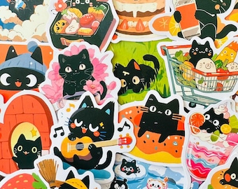 60 Cute Black Cat Stickers (4) Kawaii Funny Cat Gift Cute Sticker Pack Decals For Laptop, Water Bottle