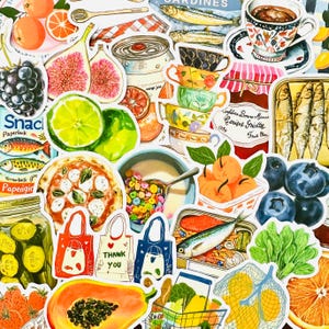50 Sardines & Fruits Stickers, Mediterranean Bullet Journal Sticker Pack, Junk Journaling Vegetables Coquette Stickers