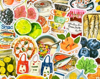 50 Sardines & Fruits Stickers, Mediterranean Bullet Journal Sticker Pack, Junk Journaling Vegetables Coquette Stickers