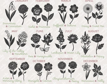 Paquete SVG de flores para el mes de nacimiento. Archivos para plotter y corte láser para cumpleaños y Día de la Madre para regalos DIY. Rosa, margarita y amapola SVG.