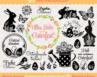 Ostern SVG Plotterdatei für Geschenke, Deko. German Easter Plotting Bundle, Bunny, Bird, Butterfly Floral Easter wreath Cricut Silhouette.