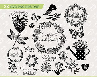 Hallo Frühling Ostern Plotterdatei, pacchetto di plottaggio SVG per la primavera tedesca, ghirlanda floreale con cuore di fiori, uccello, farfalla, libellula, silhouette Cricut
