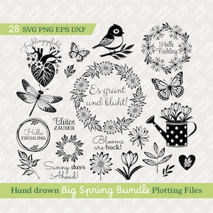 Bonjour Frühling Ostern Plotterdatei, lot de traçage SVG printemps allemand, fleur coeur oiseau papillon libellule couronne de fleurs Cricut Silhouette