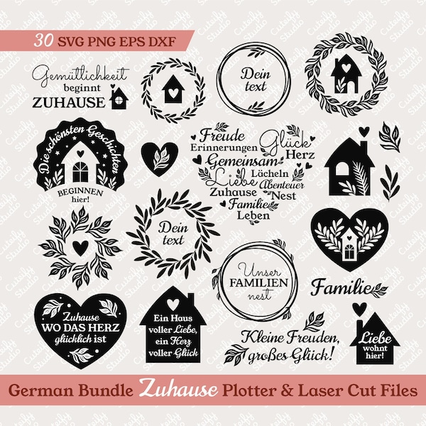 Duits huis SVG. Zuhause Familie Herz Liebe plotterdatei. Bewegende Inwijdingsfeest Familiehuis Krans Hartplotter Lasercut Cricut Silhouet.