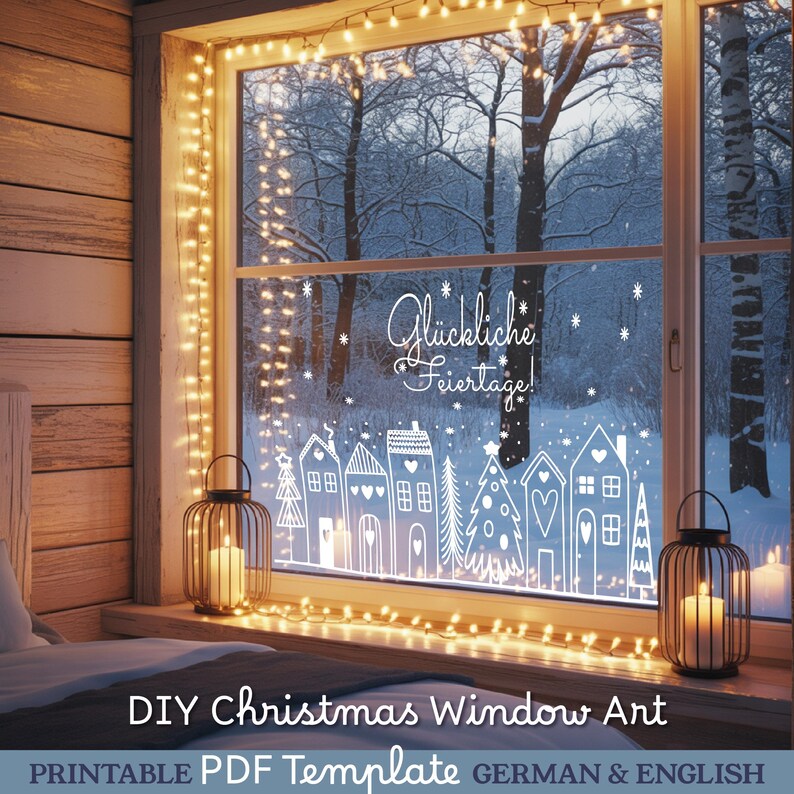 Puede incluir: Una ventana decorada con una escena invernal, con un bosque nevado visible a trav&eacute;s del cristal. Dibujos lineales blancos de casas y &aacute;rboles adornan la ventana. El texto "Gl&uuml;ckliche Feiertage!" est&aacute; escrito en la ventana. Las palabras "DIY Christmas Window Art" est&aacute;n en la parte inferior.