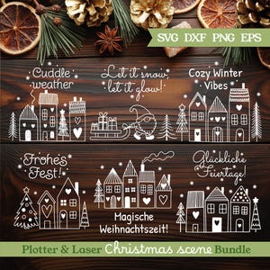 May include: A Christmas scene bundle with white line art illustrations of houses, trees, and a gnome on a wooden background. Text includes "Cuddle weather," "Let it snow, let it glow!", "Cozy Winter Vibes," "Frohes Fest!", "Magische Weihnachtszeit!", and "Glückliche Feiertage!"