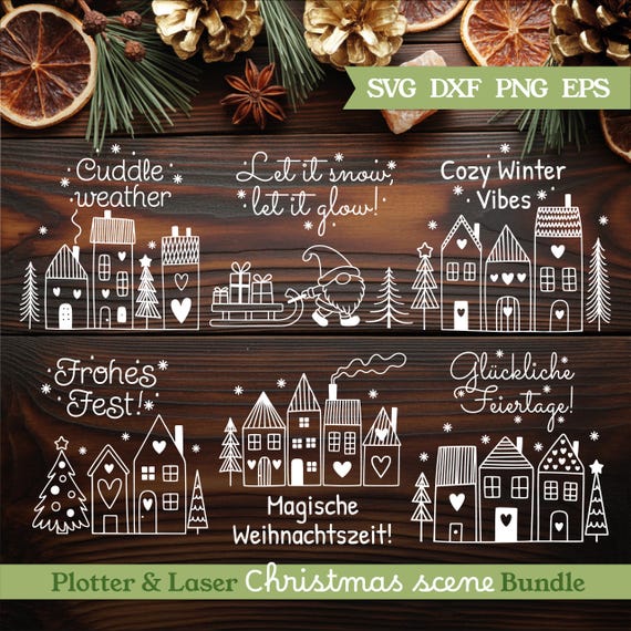 Plotterdatei Weihnachten. Christmas Scene laser engraving and plotter cut files (svg, png, eps, dxf).