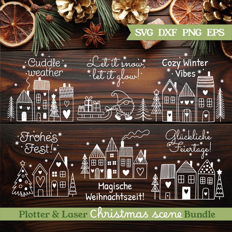 Plotterdatei Weihnachten. Christmas Scene laser engraving and plotter cut files (svg, png, eps, dxf).
