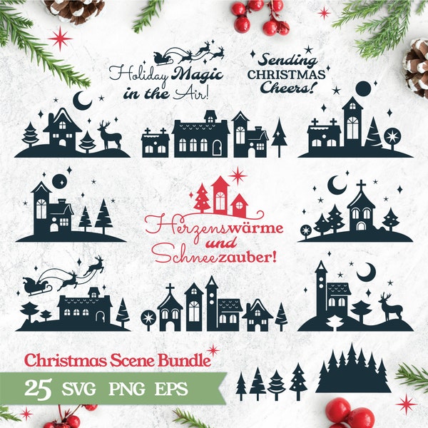 Christmas Scene designs SVG PNG EPS Bundle, german lettering plotter laser file. Weihnachten Plotterdatei. Cricut Brother Canvas Silhouette.