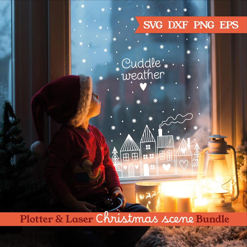 May include: A child in a Santa hat looks up at a window decorated with a winter scene. The window features white snowflake and house designs with the text "Cuddle weather." A lit lantern and candles add warmth to the cozy Christmas scene.