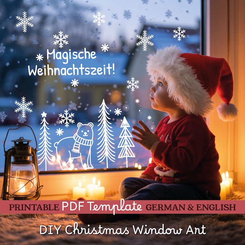 May include: A child wearing a Santa hat and red sweater looks out a window decorated with snowflakes, trees, and a bear. The window has the text "Magische Weihnachtszeit!" and "PRINTABLE PDF Template GERMAN & ENGLISH DIY Christmas Window Art". A lit lantern and candles are in the foreground.