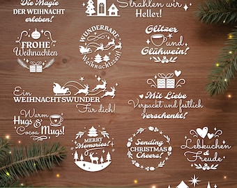 May include: Twelve white Christmas-themed SVG cut files with various designs, including a reindeer pulling a sleigh, a Christmas tree, a house, and a wreath. The text on the designs includes phrases like "Merry Memories", "Warm Hugs & Cocoa Mugs", and "Sending Christmas Cheers".