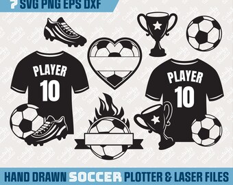 Pacchetto di SVG per giocatori di calcio, monogramma di pallone da calcio, design di maglie da calcio, SVG per squadre di calcio, per Cricut Joy Xtra, Silhouette, taglio laser