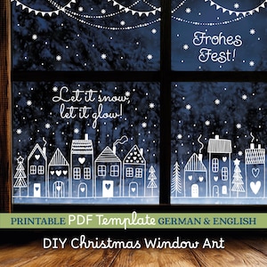 DIY Christmas Window Art Chalk Markers Painting Guide. A4/A3 PDF Christmas decorations Stencil Template. Weihnachtsdeko Fenster Bild Vorlage