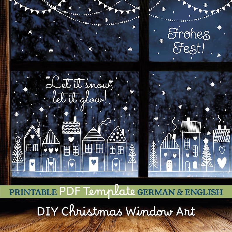 DIY Christmas Window Art Chalk Markers Painting Guide. A4/A3 PDF Christmas decorations Stencil Template. Weihnachtsdeko Fenster Bild Vorlage