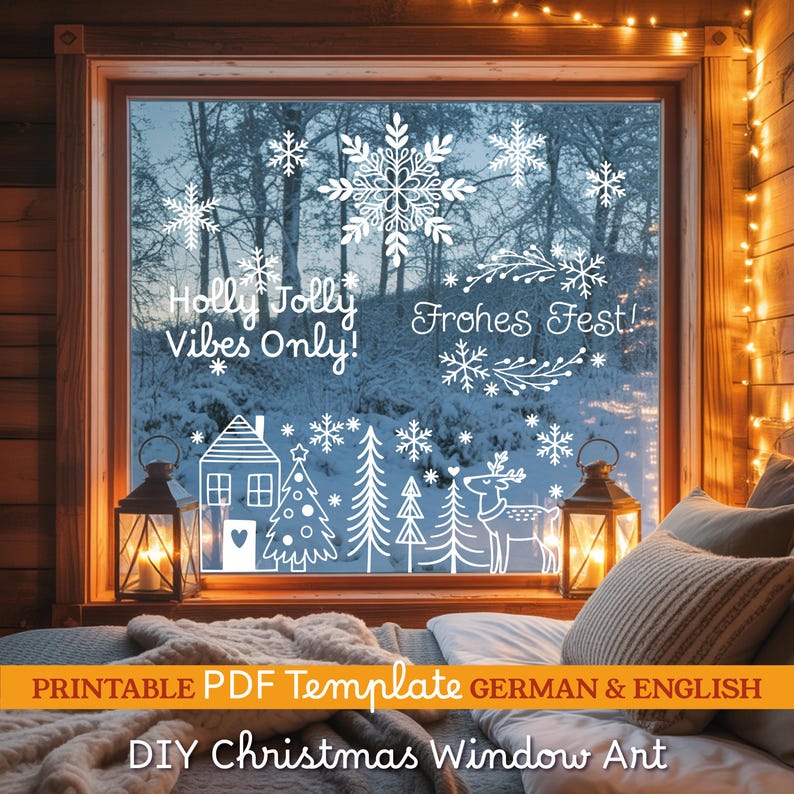 May include: A window decorated with white snowflake and winter scene decals. The window art includes the text "Holly Jolly Vibes Only!" and "Frohes Fest!" Two lanterns with lit candles flank the window. The image is a DIY Christmas window art template.