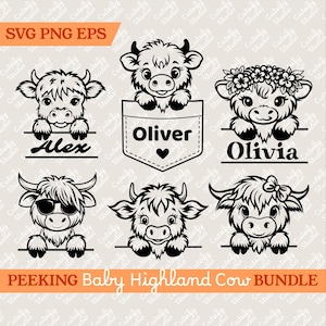 May include: A digital download bundle of ten black and white illustrations of Highland cows peeking over a sign. The signs include the names Alex, Oliver, and Olivia. The text "PEEKING Baby Highland Cow BUNDLE" is at the bottom of the image.