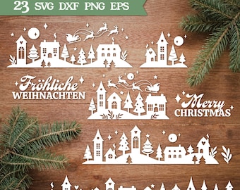 Plotterdatei Weihnachten SVG, Weihnachtshäuser, Weihnachtsdeko. Weihnachts-Szene Laser und Plotter geschnitten Dateien Cricut Brother Canvas Silhouette