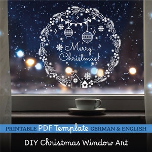 Guida alla pittura con pennarelli in gesso PDF fai-da-te per finestre di Natale. Modello stencil per decorazioni natalizie. Weihnachtsdeko Vorlage.
