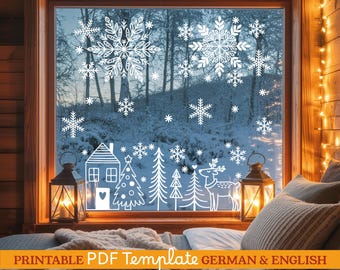 Weihnachtsdeko Fenster Bild Vorlage. Guía de pintura con marcador de tiza para arte de ventana navideña de bricolaje. Plantilla de plantilla de decoraciones navideñas A4/A3 PDF