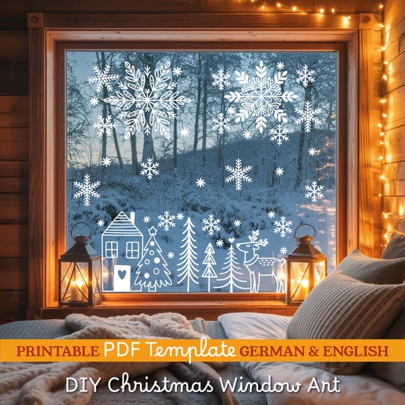 Weihnachtsdeko Fenster Bild Vorlage. DIY Christmas Window Art Chalk Marker Painting Guide. A4/A3 PDF Christmas decorations Stencil Template