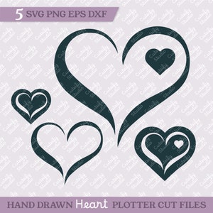 May include: Five hand-drawn heart designs in black on a light purple background. The hearts are in various sizes and shapes, with some hearts nested inside others. The text "HAND DRAWN Heart PLOTTER CUT FILES" is at the bottom of the image.