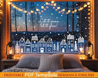 Weihnachtsdeko Fenster Bild Vorlage. Guía de pintura con marcador de tiza para arte de ventana navideña de bricolaje. Plantilla de plantilla de decoraciones navideñas A4/A3 PDF
