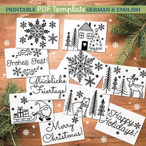 May include: A collection of printable PDF Christmas card templates with black and white illustrations of snowflakes, houses, trees, and animals. The cards feature holiday greetings in English and German.