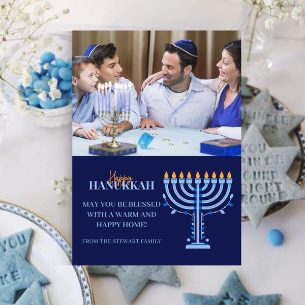 Hanukkah Photo Card, Modern Arch, Minimalist Happy Hanukkah Holiday Card, Editable Template, Instant Download, Navy Blue Hannukah card, 5x7