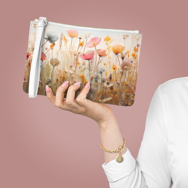 Pressed Flowers Vegan Leather Clutch Bag, Gifts For Her, Makeup bag