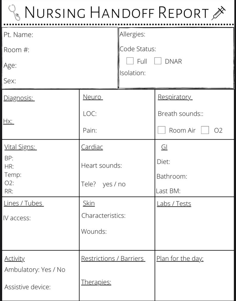 Nurse Handoff Sheet Etsy