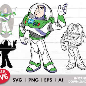 May include: A layered SVG cut file of Buzz Lightyear from the Toy Story movie franchise. The image includes a full-color version, a black and white outline version, and a silhouette version. The file is available for instant download.