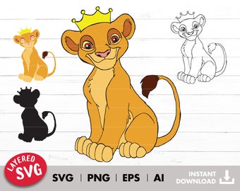 May include: A digital illustration of a cartoon lion cub wearing a gold crown. The lion cub is sitting with its tail curled around its body. The illustration is available in a variety of formats, including SVG, PNG, EPS, and AI.
